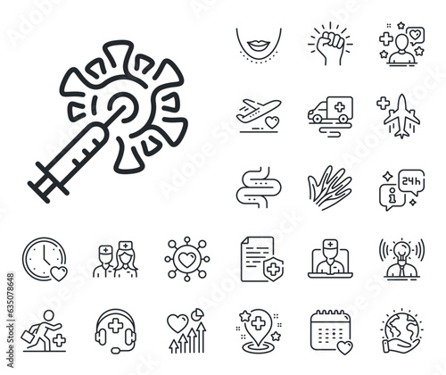 Corona syringe sign. Online doctor, patient and medicine outline icons. Coronavirus vaccine line icon. Covid jab symbol. Coronavirus vaccine line sign. Vector