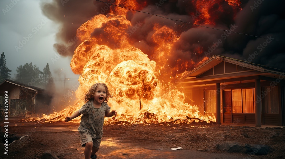 Obraz premium Devastation by volcanic aftermath - houses destroyed, frightened people fleeing, capturing the destructive power of nature's fury. 'generative AI'