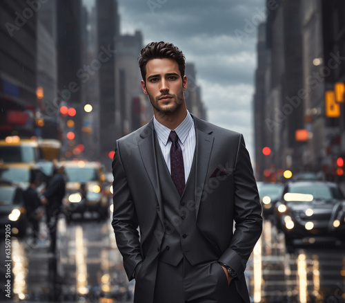 very handsome business man standing in the middle of the road in new York city with dark rainy clouds in the background