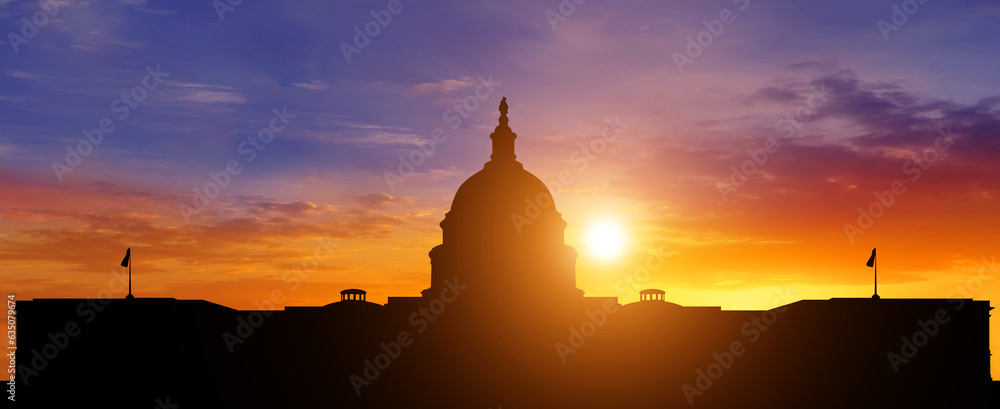 American Constitution day. National holiday of america. Capitol building silhouette on sunset background. 3d illustration