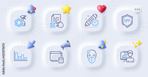 Presentation board, Project deadline and Coronavirus spray line icons. Buttons with 3d bell, chat speech, cursor. Pack of Qr code, Histogram, Account icon. Sick man, Spf protection pictogram. Vector