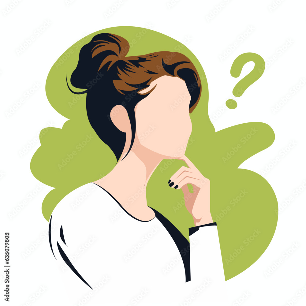 Vector flat illustration in cartoon style. Anonymous young woman with dark hair thinks. Modern banner template with question marks in green colors.