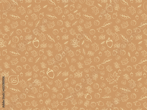 Big Seamless repeating pattern of autumn elements pumpkin, acorn, leaves, nuts, on mocha background. Giant Banner with hand drawn maple leaf, acorn, pumpkins, birch leaves. Vector Illustration. EPS 10