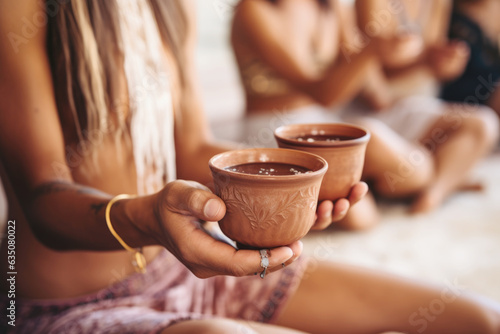 Cacao ceremony. Female hands holding a cup of pure  organic ceremonial cacao drink.