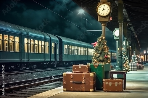 A christmas train station platform with vintage, Generative AI.	