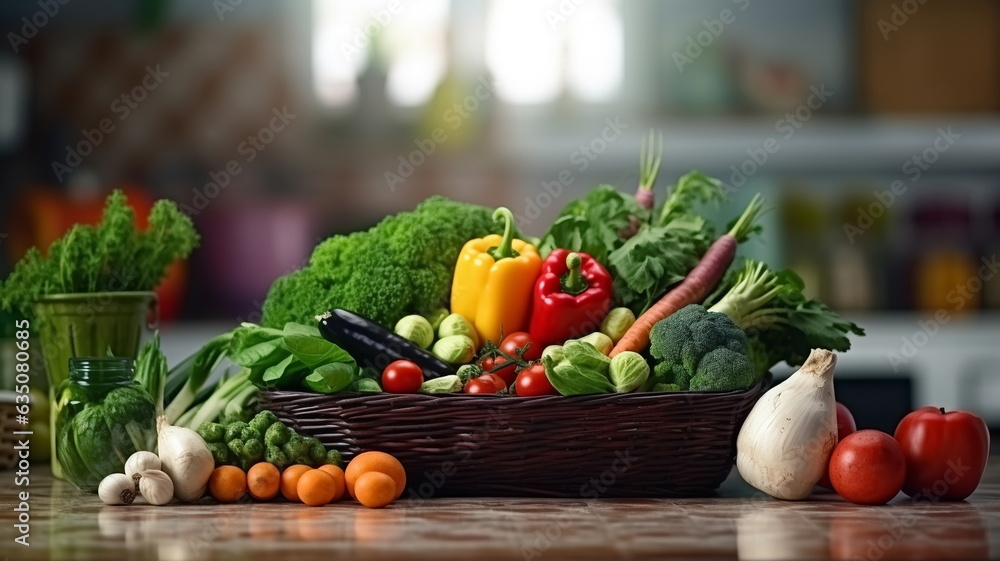 vegetables in a wicker basket on the countertop in a modern kitchen , advertising banner vegetables in a wicker basket on the countertop in a modern kitchen , advertising banner