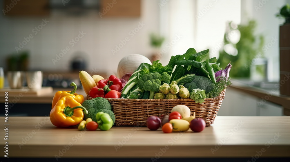 vegetables in a wicker basket on the countertop in a modern kitchen , advertising banner - obrazy, fototapety, plakaty 