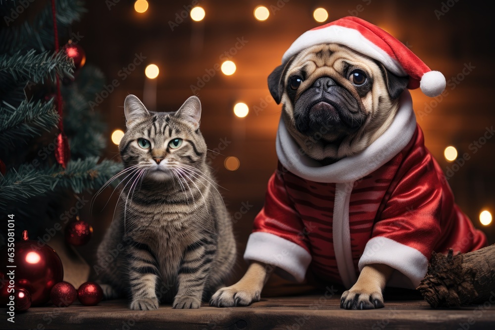 christmas cat and pug dressed in santa claus