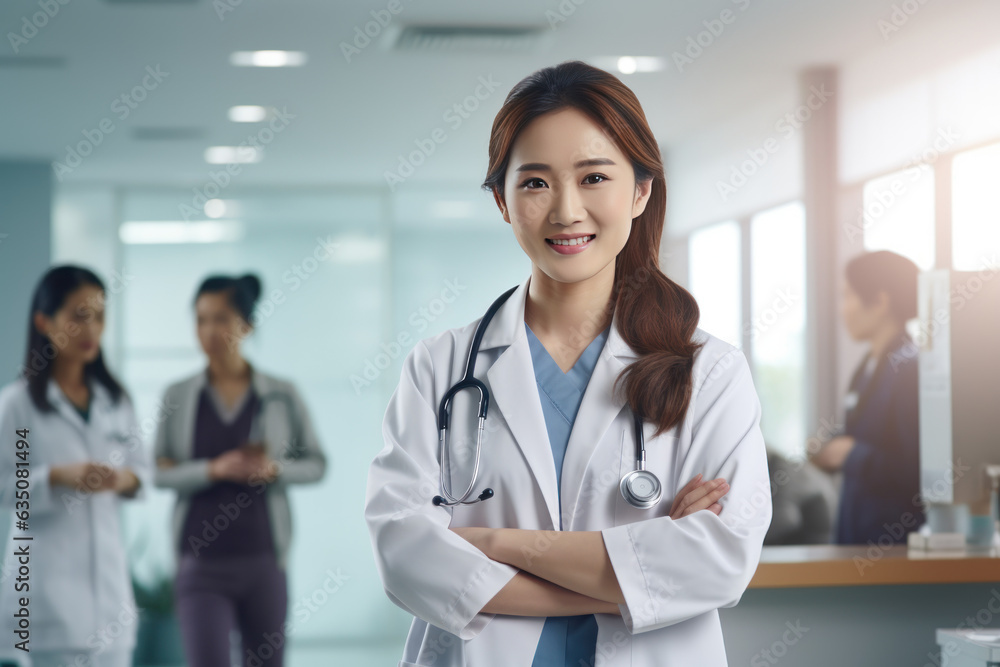 Portrait of a confident smiling female asian doctor with stethoscope at hospital, high quality generative ai Portrait of a confident smiling female asian doctor with stethoscope at hospital, high quality generative ai