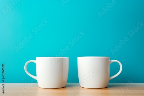 Two white coffee mugs placed apart on wooden table, blue background