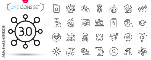Pack of Web3, Cyber attack and Update data line icons. Include Noise, Difficult stress, Shoulder strap pictogram icons. Graduation cap, Canister oil, Employee signs. Check investment. Vector