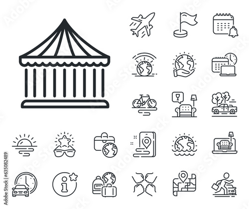 Amusement park sign. Plane jet, travel map and baggage claim outline icons. Carousels line icon. Carousels line sign. Car rental, taxi transport icon. Place location. Airport lounge. Vector