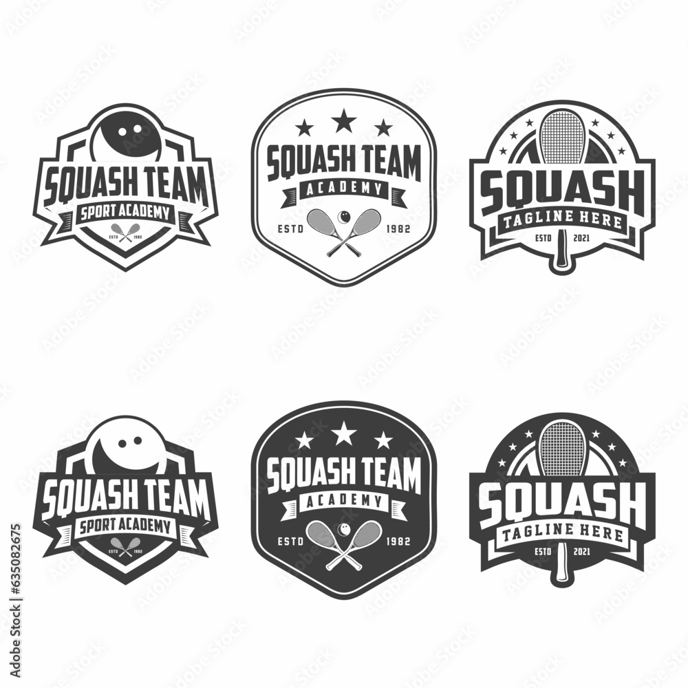Squash logo badge set, Squash ball design in black and white colors