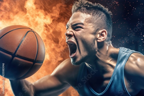 Portrait of euphoric basketball player with a ball shouting against fire background.