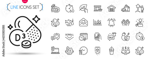 Pack of Creative idea, Love letter and Meeting line icons. Include Promotion bell, Parking garage, Notification bell pictogram icons. Analysis app, Scroll down, Green energy signs. Vector