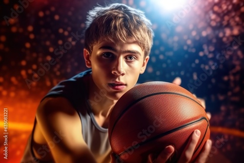 Basketball teenage male player holding a basket ball against dynamic colorful background.