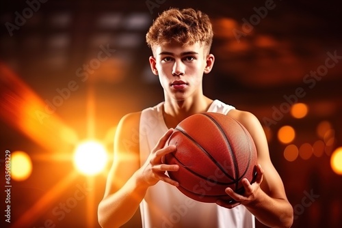 Basketball teenage male player holding a basket ball against dynamic red and orange background.