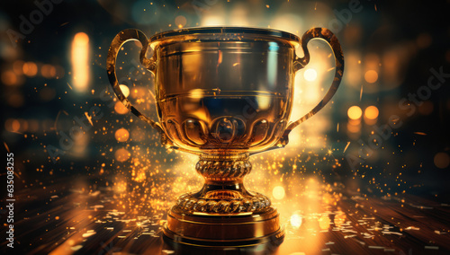 Triumphant glory. Golden trophy cup with sparks on blur bokeh background celebrates victory and success in sports and competitions.