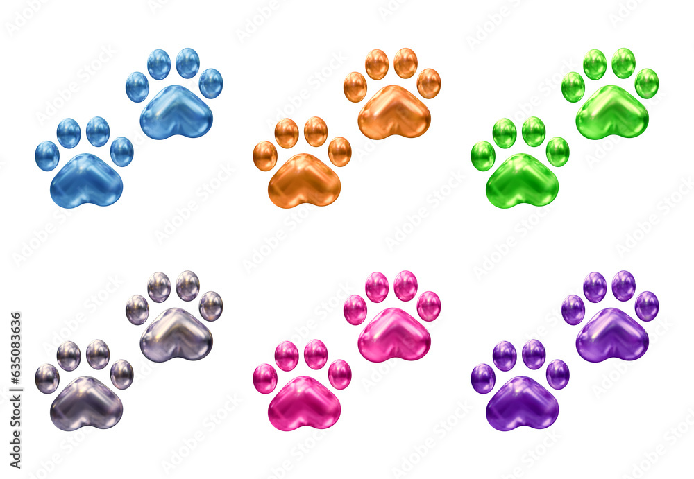 Set of dog or cat paw icons in 3d rendering isolated on transparent background for pet, animal concept. - obrazy, fototapety, plakaty 