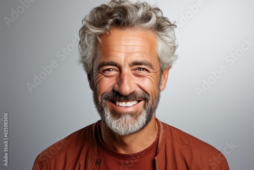 Handsome middle age man with beard wearing casual clothes over light background. Happy face smiling, looking at the camera. Positive person.