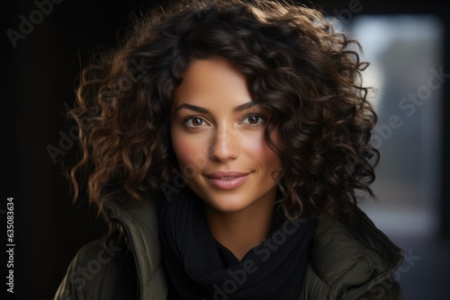 Headshot portrait of smiling girl with curly hairstyle, dressed in winter jacket on blurred background