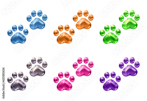 Set of dog or cat paw icons in 3d rendering isolated on transparent background for pet, animal concept.