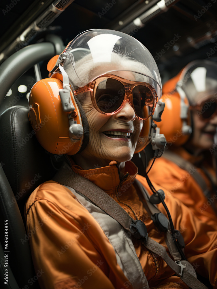 Fototapeta premium An elderly woman sits in the cabin of an airplane preparing to skydive