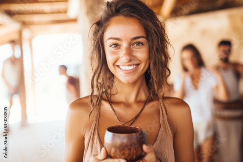 Portrait of a happy and smiling yoga teacher on Ibiza island, holding cacao drink in ceramic cup. Blurred people in the background