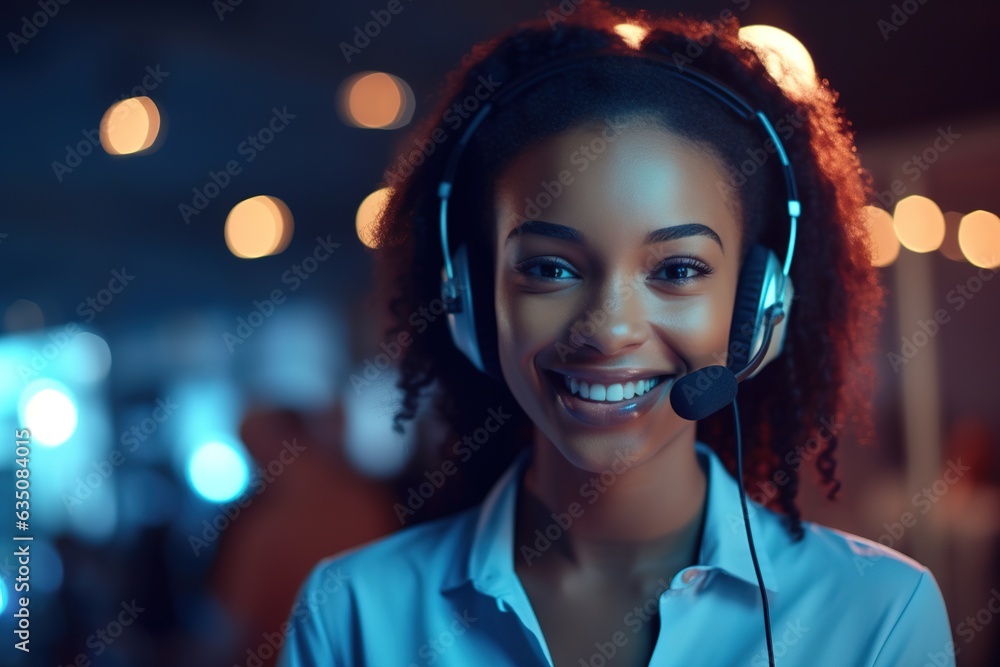 Smiling female african american customer support agent working with headset in office.