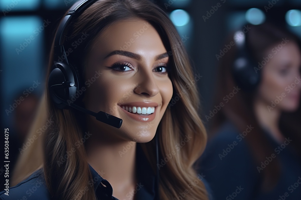 Portrait of beautiful smiling businesswoman or helpline operator with headset looking at camera in call center office. Portrait of beautiful smiling businesswoman or helpline operator with headset looking at camera in call center office.