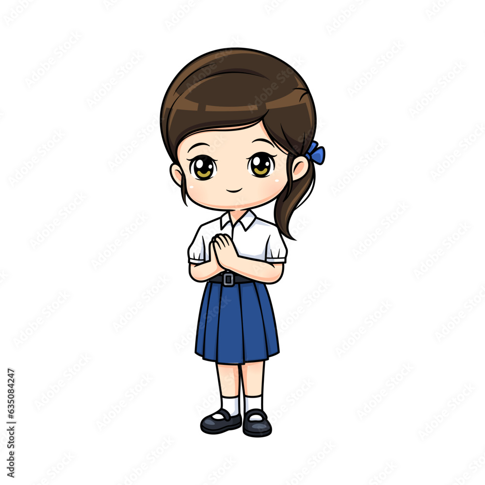 Cute girl in thai student uniform mascot cartoon character in greeting posture Cute girl in thai student uniform mascot cartoon character in greeting posture