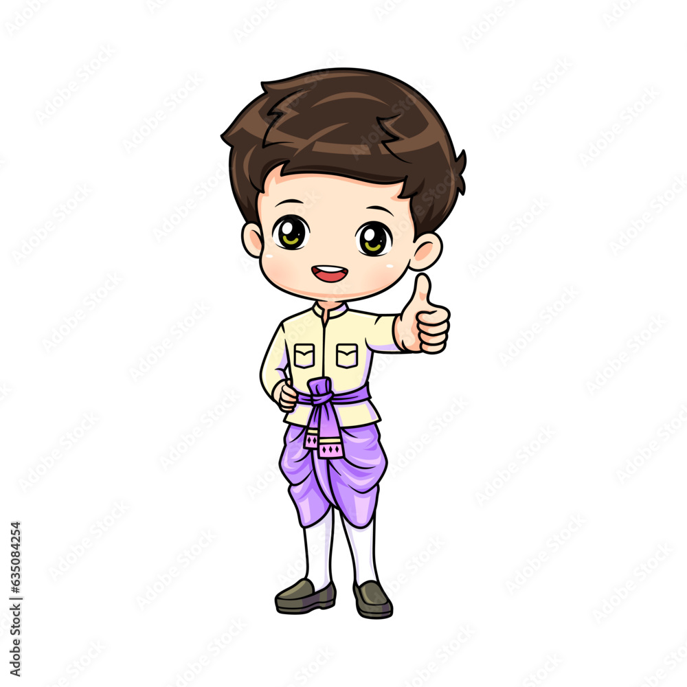 Cute boy in thai traditional costume mascot cartoon character in thumb up posture Cute boy in thai traditional costume mascot cartoon character in thumb up posture