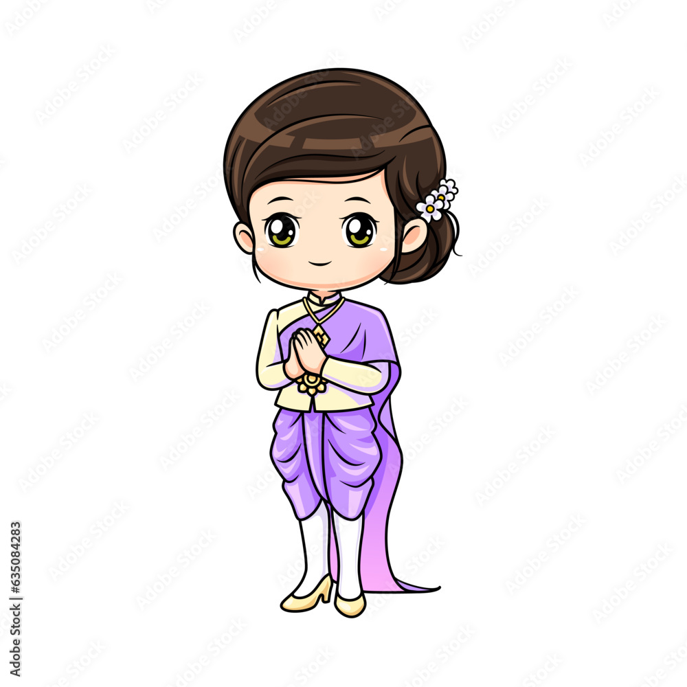 Cute girl in thai traditional costume mascot cartoon character in greeting posture vector illustration Cute girl in thai traditional costume mascot cartoon character in greeting posture vector illustration