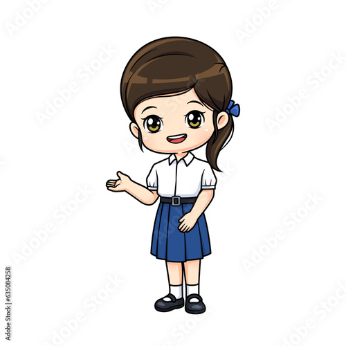 Cute girl in thai student uniform mascot cartoon character in presenting  posture