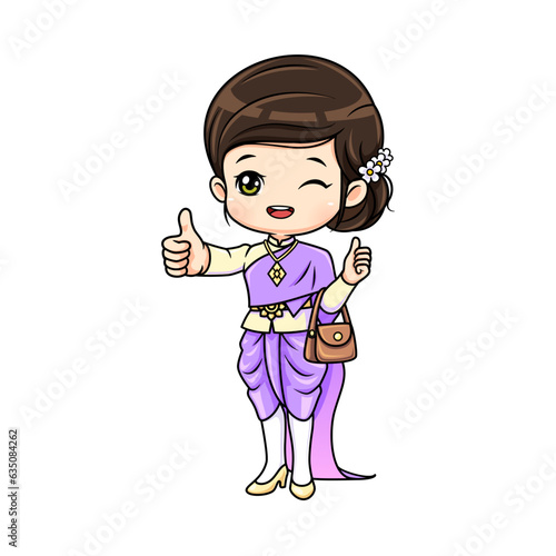 Cute girl in thai traditional costume mascot cartoon character in thumb up posture vector illustration
