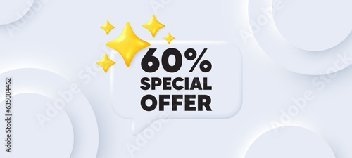 60 percent discount offer tag. Neumorphic background with chat speech bubble. Sale price promo sign. Special offer symbol. Discount speech message. Banner with 3d stars. Vector