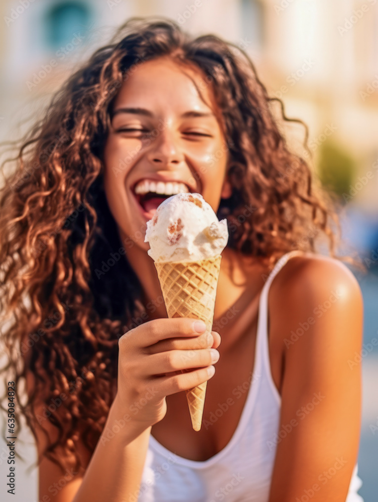 Portrait einer hübschen Frau im Sommer, die ein Eis geniesst. Generative KI Portrait einer hübschen Frau im Sommer, die ein Eis geniesst. Generative KI