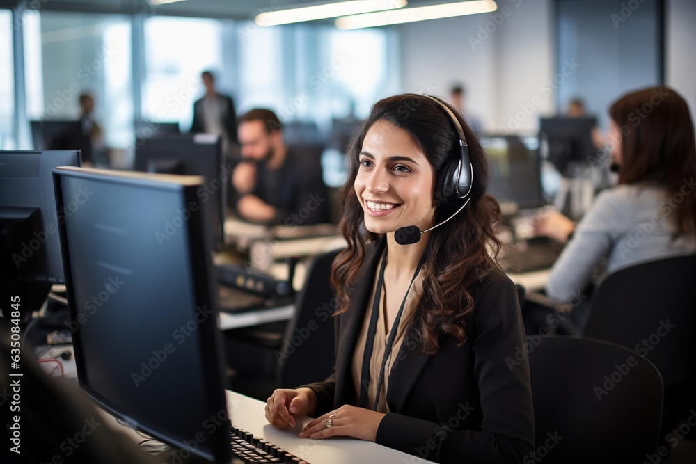 Female customer support agent with wireless headset sitting at her workspace, using computer and talking to client at call center. Female customer support agent with wireless headset sitting at her workspace, using computer and talking to client at call center.