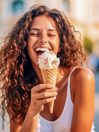 Portrait einer h  bschen Frau im Sommer  die ein Eis geniesst. Generative KI