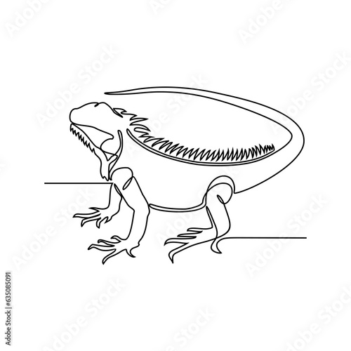 One continuous line drawing of iguana vector illustration. Unravel the secrets of their green, scaly skin, powerful claws, and prehensile tails that act like fifth limbs. Animal design themes.