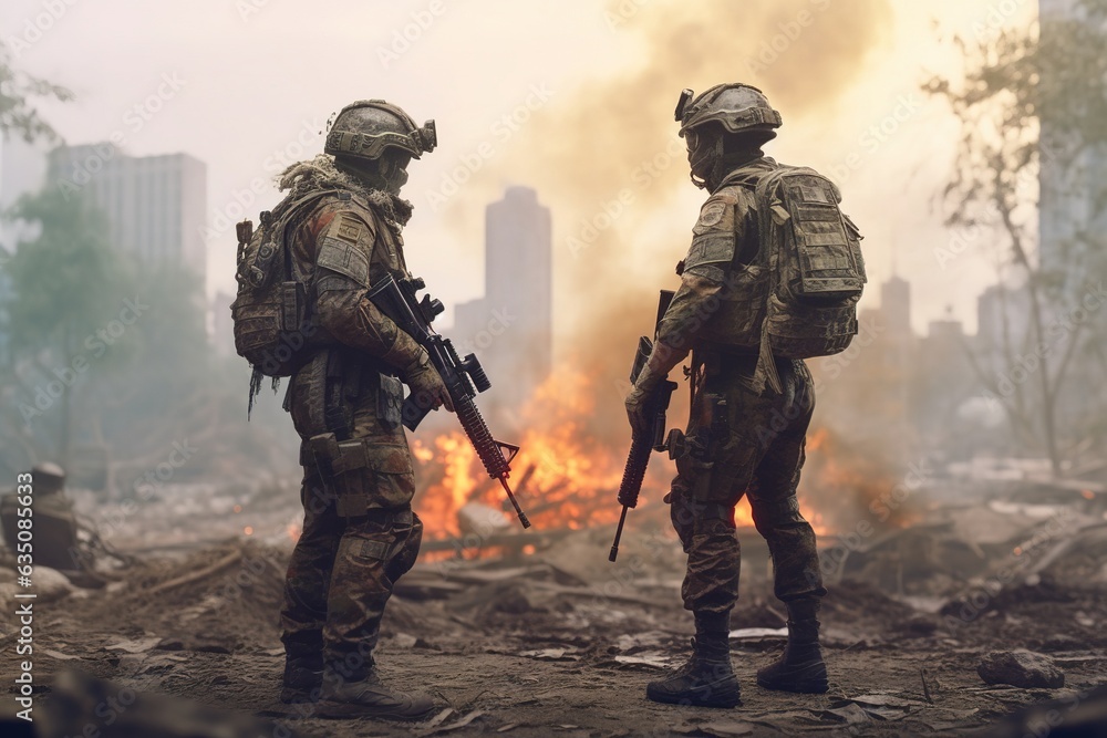 Two special forces soldiers in full protective equipment standing on battlefield.