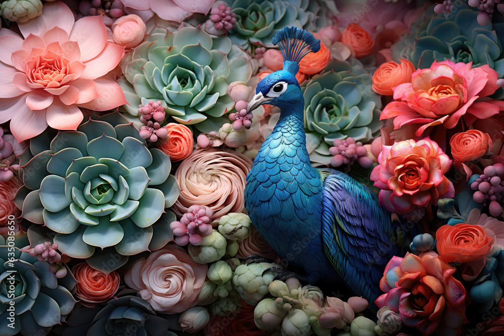 One peacock on colorful succulents wallpaper