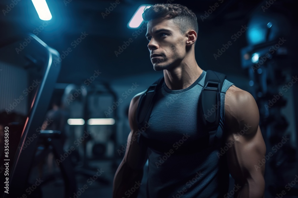 Attractive handsome sporty man with backpack getting ready for training at gym. Attractive handsome sporty man with backpack getting ready for training at gym.