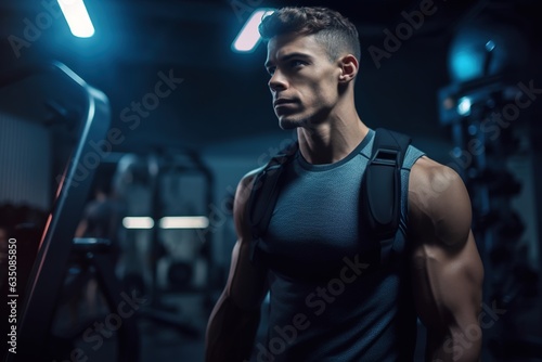 Attractive handsome sporty man with backpack getting ready for training at gym.