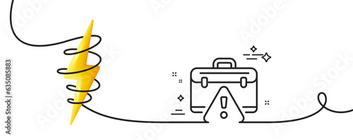 Warning briefcase line icon. Continuous one line with curl. Attention triangle sign. Caution diplomat symbol. Warning briefcase single outline ribbon. Loop curve with energy. Vector