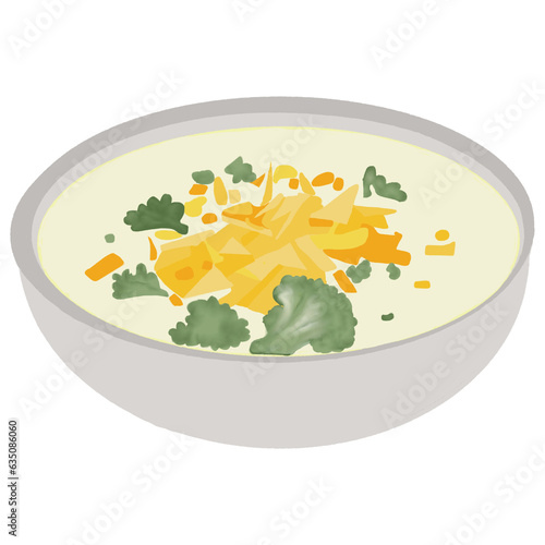 Watercolor illustration of Broccoli and Cheddar Soup food in Vegetarian menu