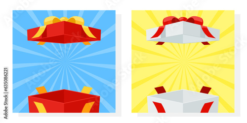 Open the mystery red and white gift box on white background. Random secret loot box isometric concept. Vector illustration cartoon flat design.