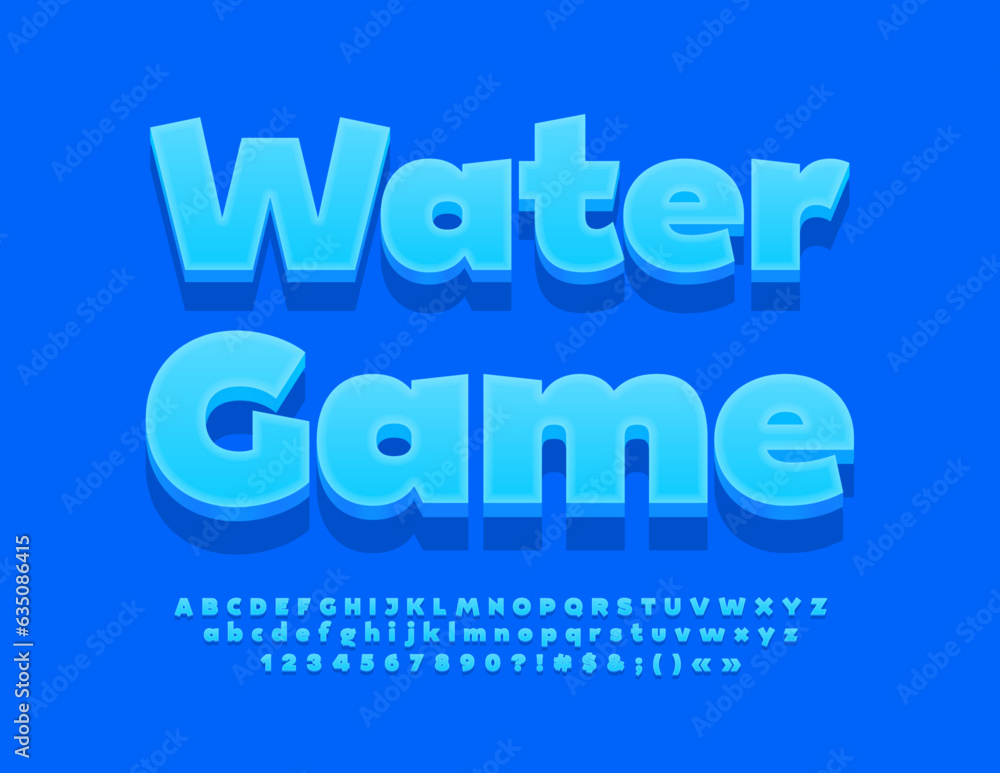 Vector bright Emblem Water Game. Artistic blue 3D Font. Modern Alphabet Letters and Numbers
