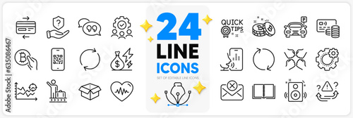 Icons set of Squad, Luggage belt and Parking line icons pack for app with Speakers, Bitcoin pay, Book thin outline icon. Refresh, Card, Open box pictogram. Credit card, Teamwork, Qr code. Vector