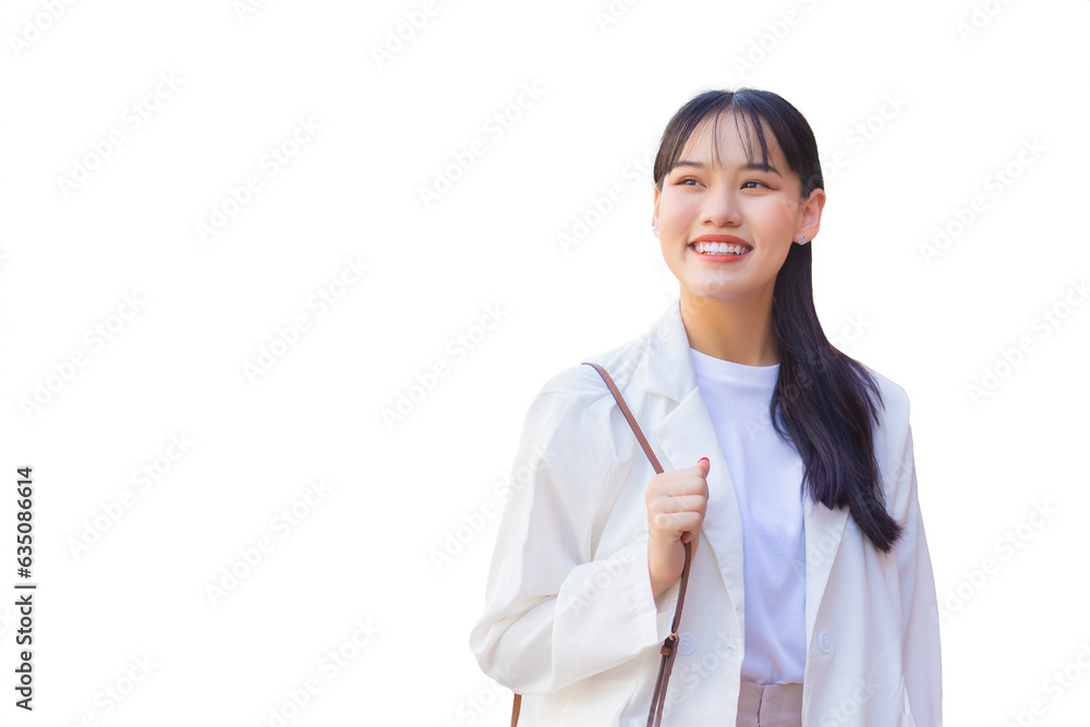 Confident young business Asian working woman whowears white shirt and shoulder bag smiles happily while she is walking to work at office while isolated on white background. Confident young business Asian working woman whowears white shirt and shoulder bag smiles happily while she is walking to work at office while isolated on white background.